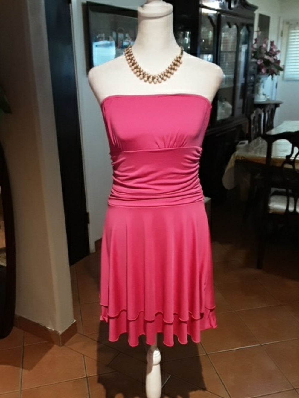Strapless Pink Ruched Waist Cocktail Dress
